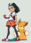  1girl absurdres ayakadegozans black_hair black_pantyhose breast_pocket clenched_hand closed_mouth collared_shirt commentary_request eyelashes freckles gloves green_hair grey_background highres holding holding_poke_ball multicolored_hair necktie nemona_(pokemon) orange_eyes orange_necktie orange_shorts pantyhose pantyhose_under_shorts pawmot pocket poke_ball poke_ball_(basic) pokemon pokemon_(creature) pokemon_(game) pokemon_sv ponytail shirt shoes short_sleeves shorts single_glove smile two-tone_hair 