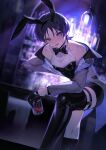  1boy :p absurdres alcohol animal_ears bangs bare_shoulders black_bow black_gloves black_shorts black_thighhighs blunt_ends bow bowtie cup drinking_glass fake_animal_ears genshin_impact gloves grey_jacket half_gloves highres holding holding_cup jacket long_sleeves looking_at_viewer male_focus nekomi_0 otoko_no_ko parted_bangs purple_hair rabbit_boy rabbit_ears red_eyeliner scaramouche_(genshin_impact) short_hair short_shorts shorts thigh-highs tongue tongue_out violet_eyes wanderer_(genshin_impact) 