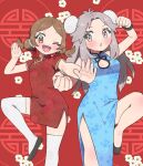  ;d blue_dress brown_eyes brown_hair bun_cover china_dress chinese_clothes double_bun dress fighting_stance flower grey_eyes grey_hair hair_bun highres leaf_(pokemon) leg_up low_twintails lyra_(pokemon) one_eye_closed pokemon pokemon_(game) pumpkinpan red_background red_dress smile thigh-highs twintails 