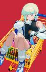  1boy :p alternate_costume androgynous bare_shoulders blonde_hair cookie crossdressing energy_drink food gloves green_hair highres lays_potato_chip lio_fotia long_sleeves looking_at_viewer male_focus medium_hair monster_energy off_shoulder otoko_no_ko pink_eyes promare seveneightdu shirt sitting sleeveless sleeveless_shirt tongue tongue_out white_gloves 