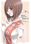  1girl border breasts brown_hair clothes_writing double_v from_side hair_over_one_eye highres ikari_manatsu kamihira_mao large_breasts looking_at_viewer milestone_celebration original pink_background profile shirt short_hair short_sleeves sideways_glance solo t-shirt thank_you v violet_eyes white_border white_shirt 