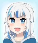  1girl absurdres blue_eyes blue_hair blush gawr_gura grey_hair highres hololive hololive_english hood hoodie looking_at_viewer medium_hair multicolored_hair open_mouth portrait rsp self-upload sharp_teeth simple_background smile solo streaked_hair teeth virtual_youtuber white_hair 