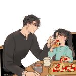  1boy 1girl bangs black_hair black_shirt blue_shirt blush brother_and_sister chair child closed_eyes closed_mouth commentary cup eating female_child food food_on_face holding holding_food long_hair long_sleeves looking_at_viewer mihokuma mug omniscient_reader&#039;s_viewpoint parted_bangs pizza pizza_box pizza_slice shirt short_hair siblings simple_background sitting symbol-only_commentary table twintails white_background wiping_face yoo_joonghyuk yoo_mia 