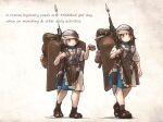  2girls armor backpack bag english_text food full_body gladius helmet highres holding holding_weapon ironlily legionnaire multiple_girls original pilum polearm roman_clothes sandals sheath shield soldier spear standing sword weapon 