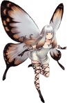  1girl airy_(bravely_default) black_footwear black_gloves black_thighhighs bravely_default:_brilliant_lights bravely_default:_flying_fairy bravely_default_(series) brown_eyes butterfly_wings dress fairy fairy_wings gloves grey_hair highres long_hair official_art outstretched_arms pointy_ears short_dress solo strapless strapless_dress thigh-highs thighs transparent_background white_dress wings yoshida_akihiko 