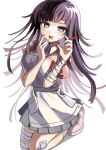  1girl :d absurdres apron bandaged_arm bandaged_leg bandages bandaid bandaid_on_leg bangs blush breasts collared_shirt commentary_request danganronpa_(series) danganronpa_2:_goodbye_despair drooling hands_up highres holding holding_syringe kneeing large_breasts long_hair mole mole_under_eye open_mouth pink_shirt pleated_skirt puffy_short_sleeves puffy_sleeves shirt short_sleeves skirt smile solo sweat syringe teeth tsumiki_mikan upper_teeth_only white_apron zhou_ben 