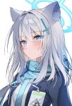  1girl animal_ear_fluff animal_ears blue_archive blue_eyes blue_scarf blush grey_hair halo jacket long_hair manya_drhr mismatched_pupils open_clothes open_jacket parted_lips scarf shiroko_(blue_archive) shirt simple_background solo upper_body white_background white_shirt wolf_ears 