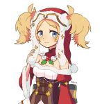 1girl blonde_hair blue_eyes christmas dress fire_emblem fire_emblem_awakening fire_emblem_heroes fur_trim hat lissa_(fire_emblem) lissa_(winter)_(fire_emblem) long_sleeves looking_at_viewer miuta official_alternate_costume santa_hat smile solo twintails upper_body white_background wide_sleeves 