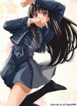  1girl absurdres black_hair black_socks blue_dress blue_eyes dress english_text flower grey_dress highres inoue_takina kneehighs long_hair long_sleeves lycoris_recoil lycoris_uniform socks solo twitter_username two-tone_dress yomo 