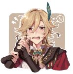  1boy alhaitham_(genshin_impact) anger_vein black_gloves blonde_hair blush earrings fang feather_hair feather_hair_ornament feathers fingerless_gloves gem genshin_impact gloves gold_earrings gold_trim green_gemstone hair_ornament jewelry kaveh_(genshin_impact) long_hair looking_at_viewer male_focus nose_blush open_mouth red_eyes tearing_up tears 