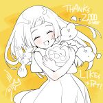  1girl :d affectionate bangs bare_arms blunt_bangs braid closed_eyes cosmog dress eyelashes hands_up happy highres holding holding_pokemon kinocopro lillie_(pokemon) long_hair milestone_celebration open_mouth pokemon pokemon_(creature) pokemon_(game) pokemon_sm sleeveless sleeveless_dress smile thank_you twin_braids yellow_background 