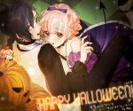  1boy 1girl black_hair blonde_hair blush brown_eyes demon_girl demon_horns demon_tail est_rinaudo green_eyes happy_halloween hetero horns jack-o&#039;-lantern kaori looking_at_viewer lulu_(wand_of_fortune) ponytail tail translation_request wand_of_fortune wavy_hair 