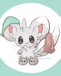  :&gt; animal_slippers bandana black_eyes blush chira_(riiche573) closed_mouth commentary_request full_body green_bandana highres holding minccino no_humans pokemon pokemon_(creature) slippers smile solo sparkle twitter_username watermark 