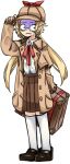  1girl bags_under_eyes black_survival blonde_hair blue_eyes bow bowtie brown_coat brown_footwear brown_headwear brown_skirt buttons coat collared_shirt commentary_request constricted_pupils deerstalker flat_chest full_body glasses gloom_(expression) hand_on_headwear hat hat_bow kneehighs long_hair long_sleeves looking_to_the_side nicky_blake open_clothes open_coat pleated_skirt red_bow red_bowtie rinyamame shirt shirt_tucked_in shoes simple_background skirt socks solo standing suitcase white_background white_shirt white_socks 