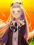  1girl black_dress black_gloves detached_sleeves dlllll_lllllb dress earrings eir_(fire_emblem) fire_emblem fire_emblem_heroes flower gloves grey_eyes grey_hair highres holding holding_flower jewelry long_hair long_sleeves looking_at_viewer outdoors ponytail smile solo tearing_up wide_sleeves 