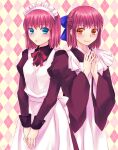  2girls apron argyle argyle_background blue_eyes bow breasts commentary_request hair_bow highres hisui_(tsukihime) juliet_sleeves kappougi kohaku_(tsukihime) lo_lis long_sleeves maid maid_headdress medium_breasts medium_hair multiple_girls orange_eyes puffy_sleeves redhead siblings sisters smile tsukihime twins wa_maid white_apron wide_sleeves 