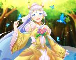  1girl :d animal bird bird_on_hand blue_eyes bug butterfly detached_sleeves dlllll_lllllb dress earrings eir_(fire_emblem) fire_emblem fire_emblem_heroes flower_earrings highres jewelry long_hair long_sleeves looking_at_viewer official_alternate_costume open_mouth outdoors ponytail sidelocks smile tree white_hair wide_sleeves yellow_dress 