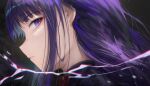  1girl absurdres bangs black_background commentary electricity english_commentary genshin_impact gradient_background high_collar highres light_particles long_hair looking_at_viewer parted_lips portrait profile purple_hair raiden_shogun sidelocks sideways_glance solo violet_eyes yonesdraws 