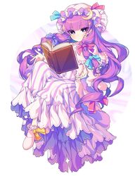  1girl blue_bow book bow closed_mouth crescent crescent_hair_ornament dress ear_piercing full_body hair_bow hair_ornament hat highres kozakura_(dictionary) long_hair long_sleeves mob_cap open_book patchouli_knowledge piercing purple_hair purple_socks red_bow sidelocks socks solo striped striped_dress touhou twitter_username vertical-striped_dress vertical_stripes violet_eyes white_dress white_headwear wide_hips 