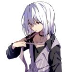  1boy accelerator_(toaru_majutsu_no_index) albino ambiguous_gender bangs black_choker black_shirt choker collarbone expressionless from_side grey_vest hair_between_eyes hand_up highres holding_tie maisuiren necktie open_clothes open_mouth pink_necktie red_eyes shirt short_hair striped striped_vest toaru_majutsu_no_index undressing upper_body vertical-striped_vest vertical_stripes vest white_background white_hair 