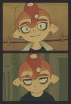  1boy absurdres bags_under_eyes before_and_after black_shirt ear_piercing earrings empty_eyes expressionless eyebrow_cut grey_eyes grin highres iwamushi jacket jewelry looking_at_viewer looking_to_the_side octoling octoling_boy piercing pointy_ears redhead salmon_run_(splatoon) shirt smile solo splatoon_(series) splatoon_3 suction_cups tentacle_hair thick_eyebrows white_jacket 
