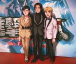  1girl 2boys alternate_universe armin_arlert belt black_hair blonde_hair bow bowtie chalseu collarbone eren_yeager formal full_body highres mikasa_ackerman multiple_boys poster_(object) shingeki_no_kyojin shoes short_hair standing suit 