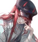  1girl :p akanbe arknights bangs black_headwear blunt_bangs blush collared_shirt fangs hemorina highres horns horns_through_headwear long_hair long_sleeves looking_at_viewer necktie pointy_ears red_eyes red_necktie redhead shirt solo tongue tongue_out upper_body very_long_hair vigna_(arknights) white_shirt 