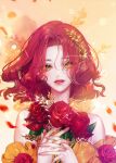  1girl bare_shoulders bumyong commentary dress english_commentary flower glint hair_ornament holding holding_flower looking_at_viewer off-shoulder_dress off_shoulder orange_eyes original parted_lips petals portrait red_flower red_lips red_rose redhead rose short_hair simple_background solo wavy_hair 