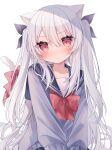  1girl :t animal_ear_fluff animal_ears bangs black_ribbon black_sailor_collar black_skirt blush bow cat_ears cat_girl cat_tail closed_mouth commentary_request grey_hair grey_sweater hair_between_eyes hair_ribbon highres long_hair looking_at_viewer original pleated_skirt pout red_bow red_eyes ribbon ringouulu sailor_collar school_uniform serafuku simple_background skirt solo sweater tail tail_bow tail_ornament tail_raised twitter_username two_side_up very_long_hair watermark white_background 