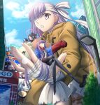  1boy 2girls bandage_over_one_eye bandaged_arm bandages bird black_hair blue_bow blue_bowtie blue_eyes bow bowtie brown_coat city coat crossed_legs fate/grand_order fate_(series) giant giantess hair_rings halo highres kingprotea_(fate) lamppost long_hair meltryllis_(fate) meltryllis_(tour_outfit)_(fate) midriff multiple_girls penguin prosthesis prosthetic_leg purple_hair shoori_(migiha) sleeves_past_fingers sleeves_past_wrists taisui_xingjun_(fate) very_long_hair violet_eyes 
