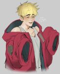  1boy absurdres blonde_hair blush coat grey_background happy highres isa_(babeyxiao) open_mouth red_coat simple_background solo teeth trigun trigun_stampede vash_the_stampede 