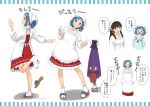  &gt;_&lt; 2girls apron black_hair blue_eyes blue_hair brown_eyes commission cosplay double_v grin hair_tubes hakurei_reimu hakurei_reimu_(cosplay) head_scarf heterochromia highres kappougi karakasa_obake kitano_(kitanosnowwhite) long_hair long_sleeves multiple_girls open_mouth red_eyes short_hair sidelocks skeb_commission smile socks speech_bubble tabi tatara_kogasa touhou translation_request umbrella v white_headwear white_socks 