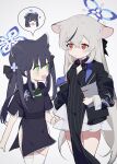 2girls :d animal_ears ba_fed_kitaku bangs black_dress black_hair black_jacket blue_archive blush breasts china_dress chinese_clothes closed_mouth cowboy_shot crossed_bangs dress frilled_skirt frills green_eyes grey_hair hair_between_eyes hair_ribbon halo holding jacket jacket_partially_removed kokona_(blue_archive) long_hair looking_at_another multiple_girls musical_note orange_eyes ribbon shun_(blue_archive) shun_(small)_(blue_archive) simple_background skirt small_breasts smile spoken_character thigh-highs twintails white_background white_skirt white_thighhighs 