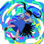  1girl abstract_background bangs black_eyes black_hair blue_sailor_collar blue_skirt brown_footwear chromatic_aberration commentary_request covering_own_eyes floating_hair full_body hair_bobbles hair_ornament hands_up highres loafers long_hair long_sleeves looking_at_viewer multicolored_background neckerchief open_mouth original paint_splatter pinpon_sakana pleated_skirt red_neckerchief sailor_collar sailor_shirt school_uniform serafuku shirt shoes skirt socks solo twintails white_shirt white_socks 