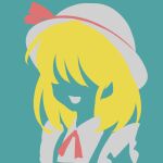  1girl blending blonde_hair blue_background character_request check_character flandre_scarlet flat_color hat highres limited_palette maskin_mei no_eyes no_lineart portrait silhouette simple_background solo touhou white_headwear 