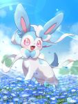  alternate_color blue_flower clouds commentary_request day field flower flower_field nemophila_(flower) no_humans outdoors pokemon pokemon_(creature) shiny_pokemon sky solo sylveon yuui_art 