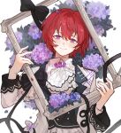  1boy ascot black_bow black_ribbon black_vest bow buttons chinese_commentary commentary_request double-breasted ensemble_stars! flower gothic_lolita head_tilt highres holding_frame hydrangea jacket lolita_fashion long_hair looking_at_viewer male_focus picture_frame purple_flower redhead ribbon short_hair simple_background smile solo suou_tsukasa upper_body vest violet_eyes white_ascot white_background white_jacket yipingtaopuzi 