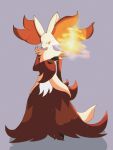  1other animal_ear_fluff animal_ears animal_nose arm_behind_back body_fur commentary_request delphox english_commentary fire fox_ears fox_tail furry grey_background hand_up herari highres holding holding_stick looking_at_viewer mixed-language_commentary multicolored_fur other_focus partial_commentary pokemon pokemon_(creature) red_eyes red_fur simple_background snout solo stick tail white_fur yellow_fur 