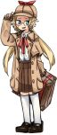  1girl black_survival blonde_hair blue_eyes bow bowtie brown_coat brown_footwear brown_headwear brown_skirt buttons coat collared_shirt commentary_request deerstalker flat_chest full_body glasses hand_on_headwear hat hat_bow kneehighs long_hair long_sleeves looking_to_the_side nicky_blake open_clothes open_coat open_mouth pleated_skirt red_bow red_bowtie rinyamame shirt shirt_tucked_in shoes simple_background skirt smile socks solo standing suitcase white_background white_shirt white_socks 