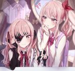  2others ? ?? akiyama_mizuki androgynous black_nails bow clone do_while02 drill_hair eyepatch hair_bow highres kamiyama_high_school_uniform_(project_sekai) long_hair long_sleeves looking_at_viewer multiple_others nail_polish other_focus pink_eyes pink_hair project_sekai red_bow school_uniform side_drill twintails 