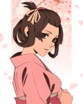  1girl ace_attorney brown_eyes brown_hair cherry_blossoms forehead from_side gradient_background hair_ribbon hair_rings japanese_clothes kimono looking_at_viewer looking_to_the_side moshimoshibe parted_lips pink_kimono ribbon short_hair smile solo susato_mikotoba the_great_ace_attorney upper_body white_ribbon 