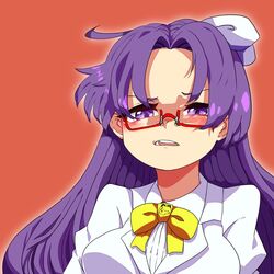  1girl asakura_rikako bangs blush bow bowtie breasts collared_shirt commentary_request glasses half-closed_eyes kurodani_yamame long_hair looking_at_viewer medium_breasts open_mouth orange_background parted_bangs purple_hair rectangular_eyewear red-framed_eyewear rinyamame semi-rimless_eyewear shirt simple_background solo teeth touhou touhou_(pc-98) under-rim_eyewear upper_body violet_eyes white_shirt yellow_bow yellow_bowtie 