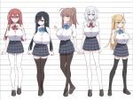  5girls ahoge akitokage black_hair black_thighhighs blonde_hair blue_bow bow braid breasts brown_eyes brown_footwear brown_hair clenched_hands green_eyes hair_ornament hairclip hand_on_own_chest height_chart large_breasts legs multiple_girls nozomi_(akitokage) original pantyhose plaid plaid_skirt ponytail red_bow red_eyes redhead school_uniform shirt skirt thigh-highs violet_eyes white_hair white_pantyhose white_shirt 