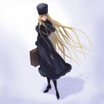  1girl absurdres black_capelet black_dress black_footwear black_headwear blonde_hair boots brown_eyes brushing_hair brushing_own_hair capelet dress footprints full_body fur_coat fur_collar fur_hat fur_trim ginga_tetsudou_999 hair_between_eyes hat high_heel_boots high_heels highres holding_luggage long_hair maetel misaki_yukihiro shaded_face sidelocks snow snowing solo standing suitcase worried 