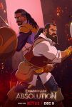  2boys arm_hair artist_request back-to-back beard collared_shirt dark-skinned_male dark_skin dragon_age dragon_age_absolution dwarf embers facial_hair feet_out_of_frame highres holding holding_shield holding_sword holding_weapon lacklon_(dragon_age) long_beard looking_at_viewer male_focus mature_male multiple_boys muscular muscular_male netflix official_art pants ponytail roland_(dragon_age) shield shirt sideburns sleeves_rolled_up smile standing sword very_dark_skin weapon 