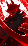  1boy animal_ears animal_nose artist_name cloak death_(puss_in_boots) glowing glowing_eyes highres holding holding_weapon hood hooded_cloak julia_the_dragon_cat looking_at_viewer puss_in_boots:_the_last_wish red_eyes red_theme sharp_teeth sickle solo teeth weapon 
