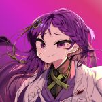  1girl bangs black_shirt black_survival blood blood_stain blush braid braided_bangs closed_mouth coat commentary_request crying crying_with_eyes_open green_ribbon hair_ribbon highres hyejin_(black_survival) kurodani_yamame long_hair looking_at_viewer purple_background purple_hair purple_vest ribbon rinyamame shirt smile solo tears touhou upper_body vest violet_eyes white_coat 