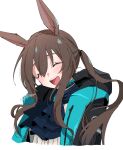  1girl :d amiya_(arknights) animal_ears arknights artist_name ascot black_ascot black_coat blush brown_hair citron80citron closed_eyes coat facing_viewer hood hood_down hooded_coat long_hair open_mouth ponytail rabbit_ears sidelocks simple_background smile solo upper_body white_background 