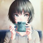  1girl amagami bangs black_hair blush brown_eyes close-up coffee_mug commentary couch cup drinking eyelashes fake_facial_hair fake_mustache highres holding holding_cup hood hood_down hoodie long_sleeves looking_away looking_to_the_side mug nanasaki_ai on_couch oshizu portrait short_hair solo translated upper_body very_short_hair w_arms white_hoodie 