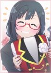  1girl bangs birthday black_hair blush braid chase!_(love_live!) closed_eyes commentary dated glasses grin holding holding_clothes long_hair love_live! love_live!_nijigasaki_high_school_idol_club nakagawa_nana nijigasaki_academy_school_uniform red-framed_eyewear repunit school_uniform semi-rimless_eyewear smile solo twin_braids under-rim_eyewear upper_body yuuki_setsuna_(love_live!) 